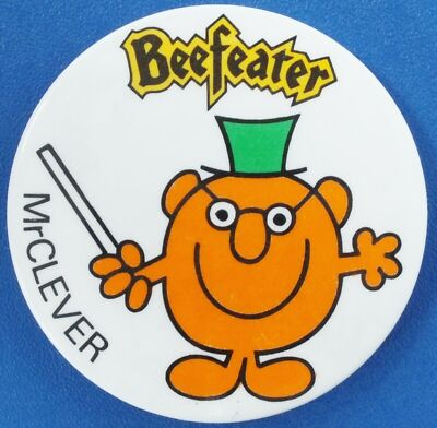 VINTAGE 1980er BEEFEATER (Roger Hargreaves) MR CLEVER BADGE. 