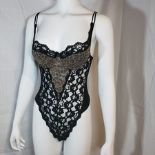 Victoria's Secret Second Skin Satin 34A Bodysuit Black Leopard Lace Thong