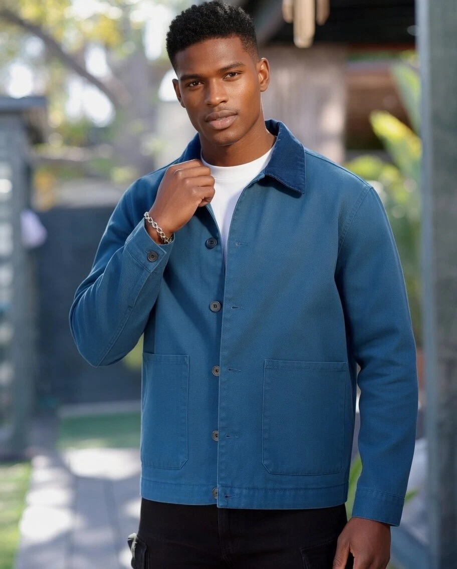 Men's-Jacket-NovaMEN-Chore-100% Cotton-Twill-Cord Collar-Button Front-Sz Large image 6