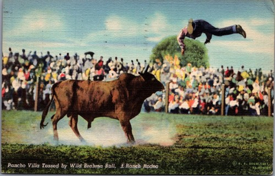 #ad #ad 1941 Menard TX Rodeo Pancho Villa Tossed by Wild Brahma Bull Linen Postcard $29.94