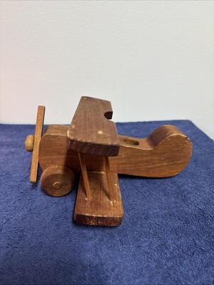 Vtg. Two-Seater Handcrafted Biplane w/ Movable Wheels & Propeller - 9  Long