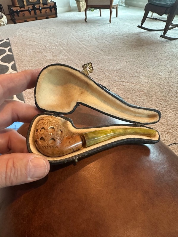 Antique Vintage Old  bent  tobacco pipe with case