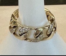 14K Yellow Gold  Pave Diamond Chain Link Ring, Size 9, 6.65 grams