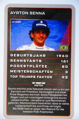 Ayrton Senna card - Top Trumps Top 30 Grand Prix Helden - German card