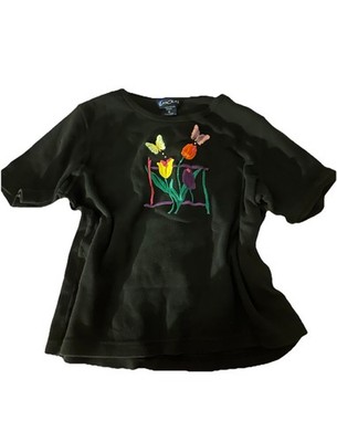 Las Olas Black Embroidered Butterfly Flower Women's T-Shirt Size S