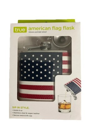 NIB American Flag Flask 6 Oz Stainless Steel Vegan Leather Wrap Secure Twist & L