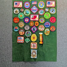 Vintage Boy Scout BSA Green Felt Banner Patches Pins 1970s Wooden Dowel Hanging