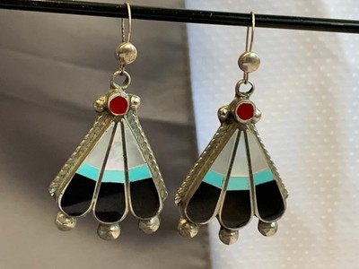 Sterling Silber Zuni Ohrringe 15,2 g feiner Schmuck Koralle Türkis MOP *LESEN*