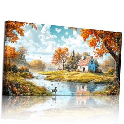  Nature Landscape Wall Art, Lakeside Farmhouse 40L'' x 20W'' Forest Lake Cottage