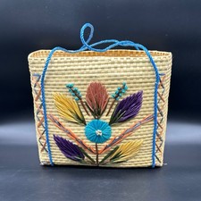 Woven Straw Tote Bag Colorful Floral Blue Handles Purse Woven Straw Boho As Is