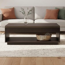 Image of Black Oak Veneer 1-Drawer Coffee Table with Gold Finish Trim and Lower Storage S