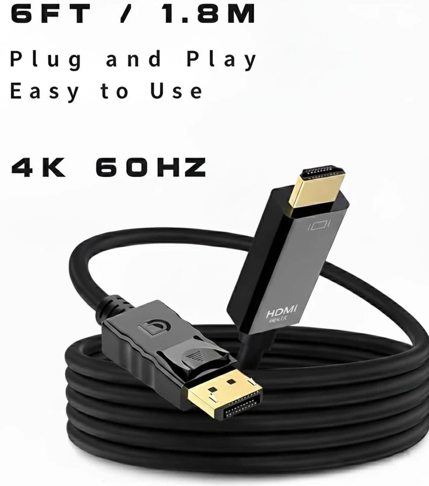 1.8M 4K Display Port DP To HDMI Male Cable Adapter Converter DisplayPort 60Hz - Image 2 of 4