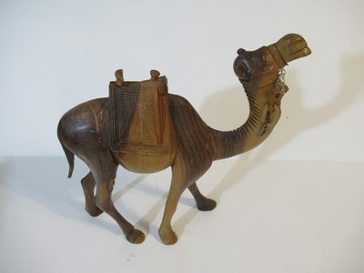 Vintage Large Hand Carved Wooden Camel Figure With Chain  10'' x 8''