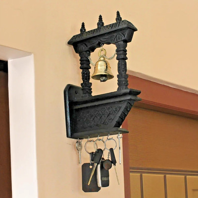 Bell in Wooden Frame Wall Mounted Key Holder with 5 Hooks Traditional Design Key