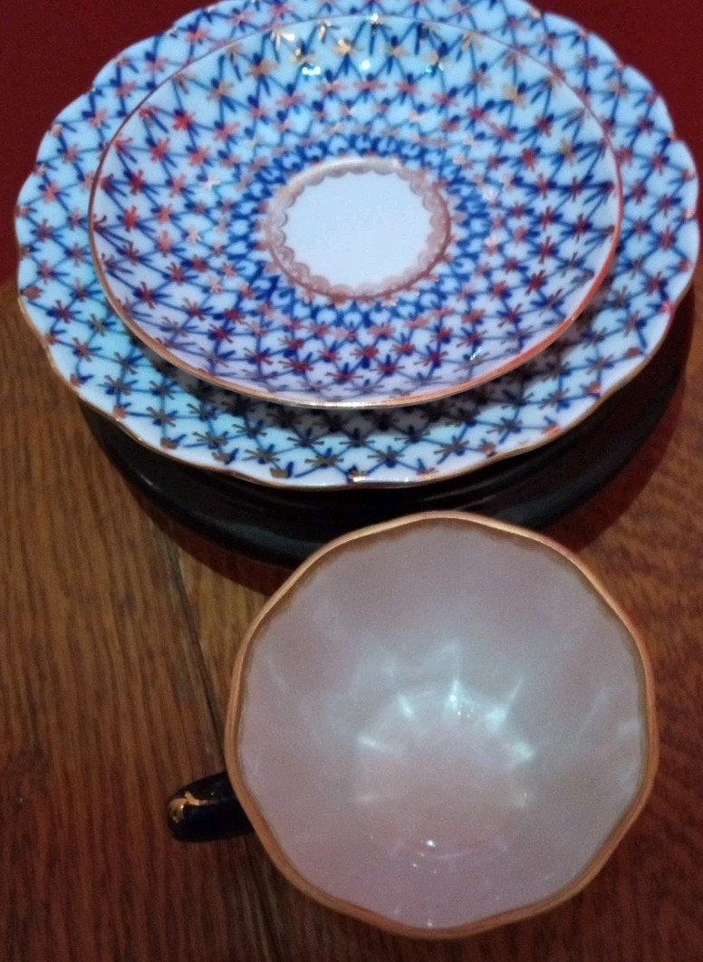 Vtg Lomonosov Russia Porcelain Cobalt Net Tulip Tea cup Saucer Dessert Plate 3pc