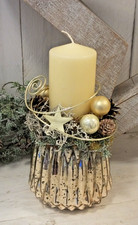 Adventsgesteck, Weihnachtsgesteck, Riffelglas Gef&auml;&szlig;, Stern, creme-gold-natur