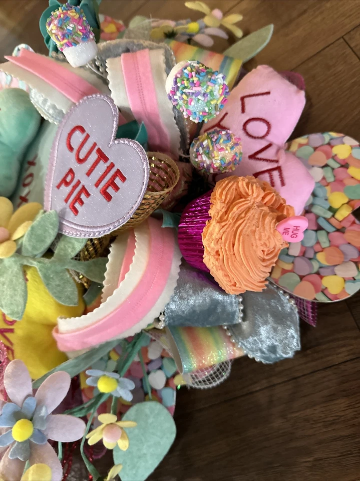 Conversation Hearts Candy Cupcakes Valentines Day Deco Mesh Front Door Wreath - Image 4 of 4