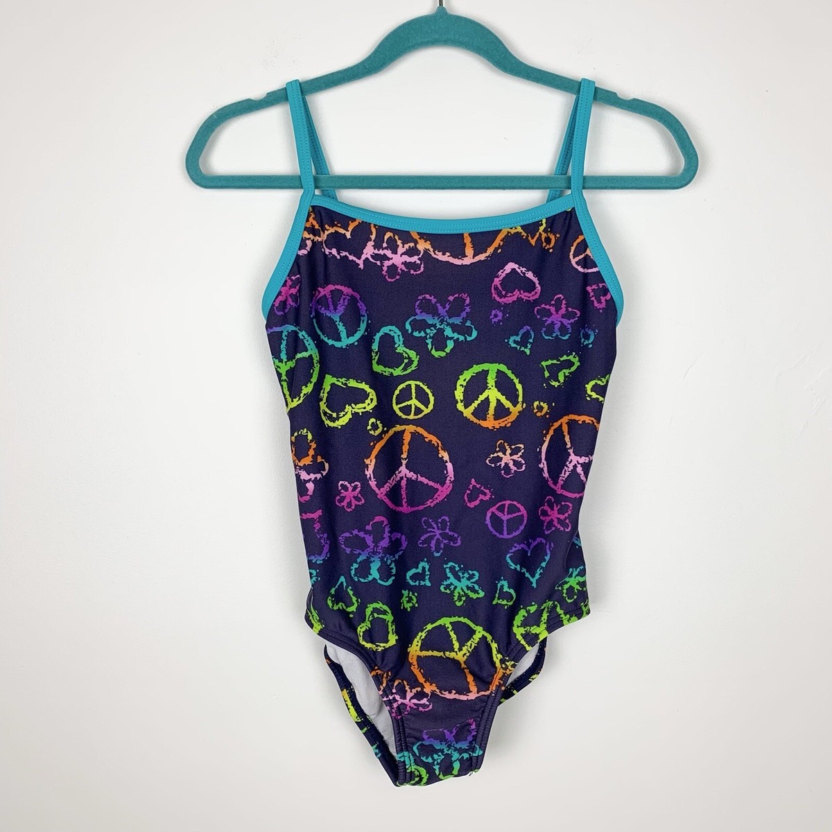 Xhilaration Kids Size S (6/6X) Rainbow Peace Sign One Piece Swimsuit