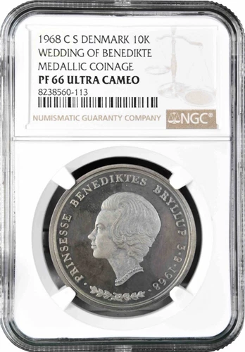 Denmark 10 kroner 1968 CS, NGC PF 66 UC, "Wedding of Benedikte" MEDALLIC COINAGE