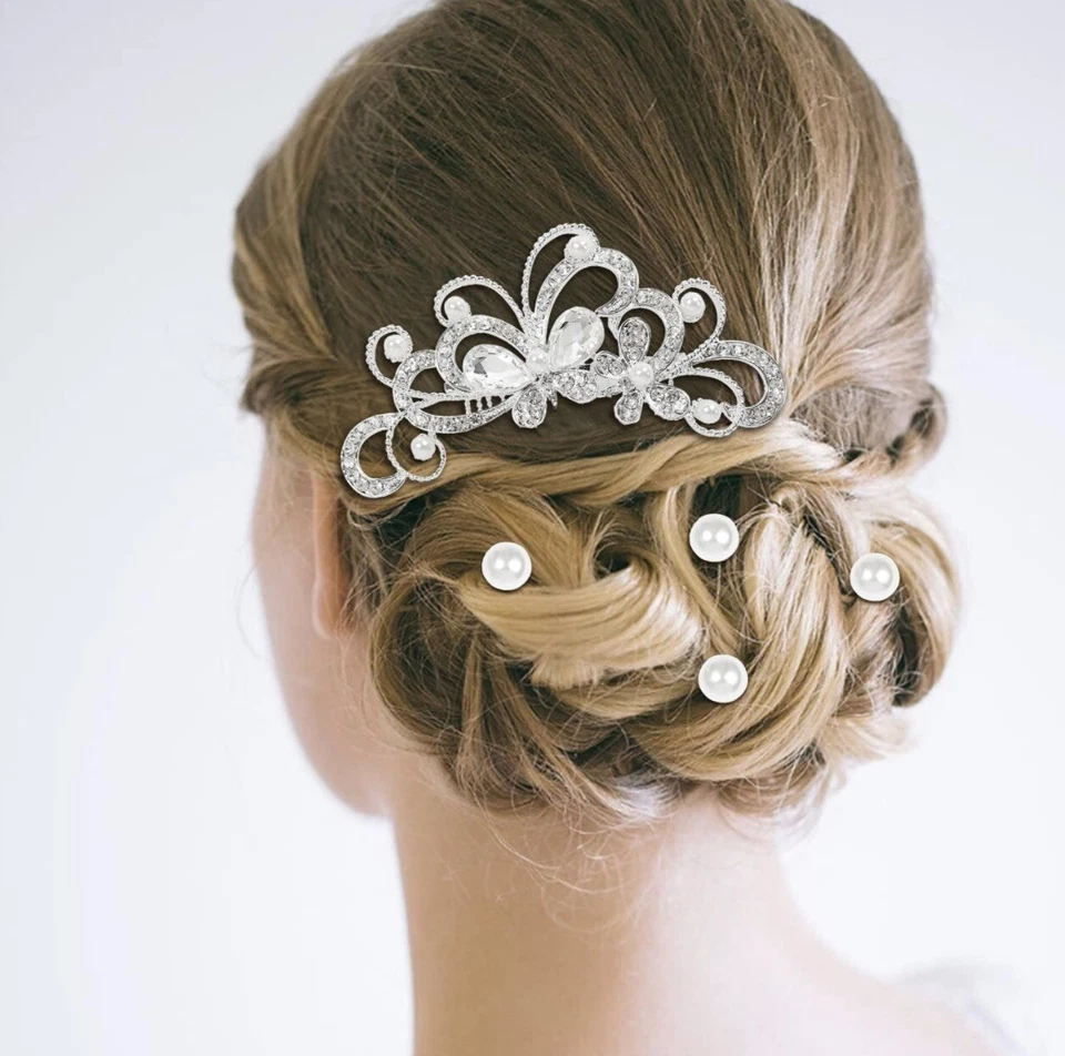 Bridal Wedding Party Prom Comb Butterfly Silver Faux Pearl Hair Clip - Image 2 of 4