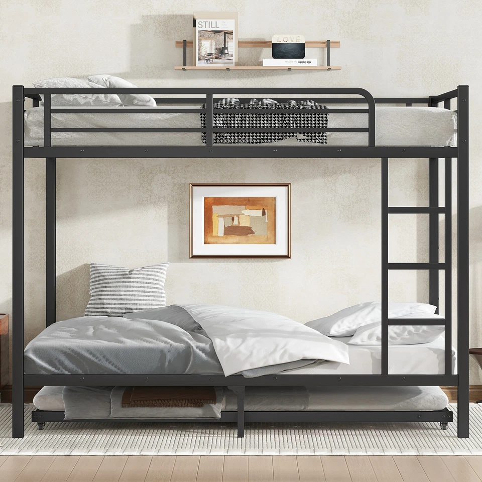 Full over Full Metal Bunk Bed with Twin Size Trundle,Black Bed Frame for Bedroom - Image 2 of 4