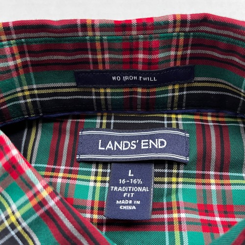 Lands End Button Down Shirt Mens L 16-16.5" No Iron Twill Plaid Tartan Navy Red - Picture 3 of 6