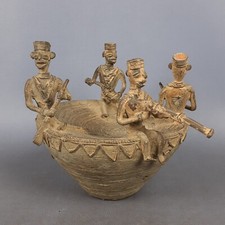 Antique Sculpture Bronze Boat With Subjects Art Tribal African First ‘900