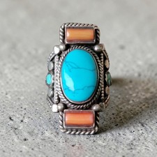 Vintage Tibetan Turquoise Ring Red Coral Inlay Size 10 Retro Boho Indie