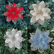 10  Glitter Poinsettia Flowers Artificial Christmas Purple Poinsettia Decorat US