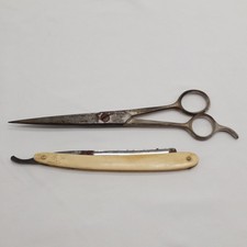 Vtg NY Barber Lot R. Schoenisch Bone Handle Straight Razor Velvet Edge Scissors