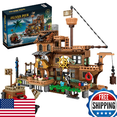 RiceBlock Pirate Ship Building Toy, Pirate Wharf City Store Bricks, Ages 8+