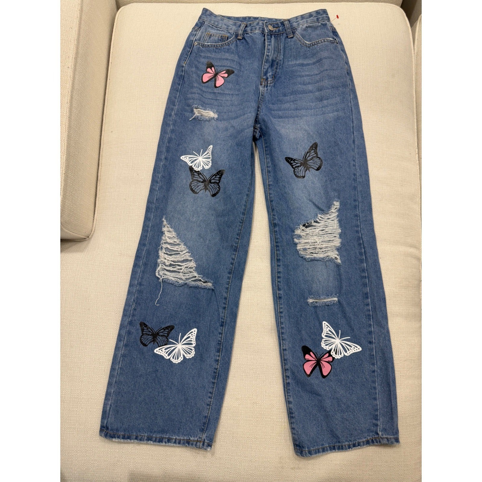 SHEIN Butterfly Distressed Jeans Womens 4 Wide Leg Ripped Denim Excellent
