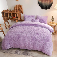 Lavender Shaggy Plush Duvet Cover Set - Soft Faux Fur Bedding Queen 