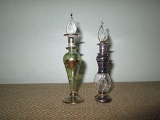 Pair 2 Vtg Egyptian Glass Hand Blown Perfume Genie Bottles w/ Stoppers Daubers