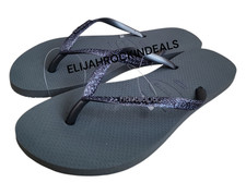 NEW HAVAIANAS SLIM GLITTER METALLIC GREY GRAPHITE FLIP FLOP THONG SANDALS