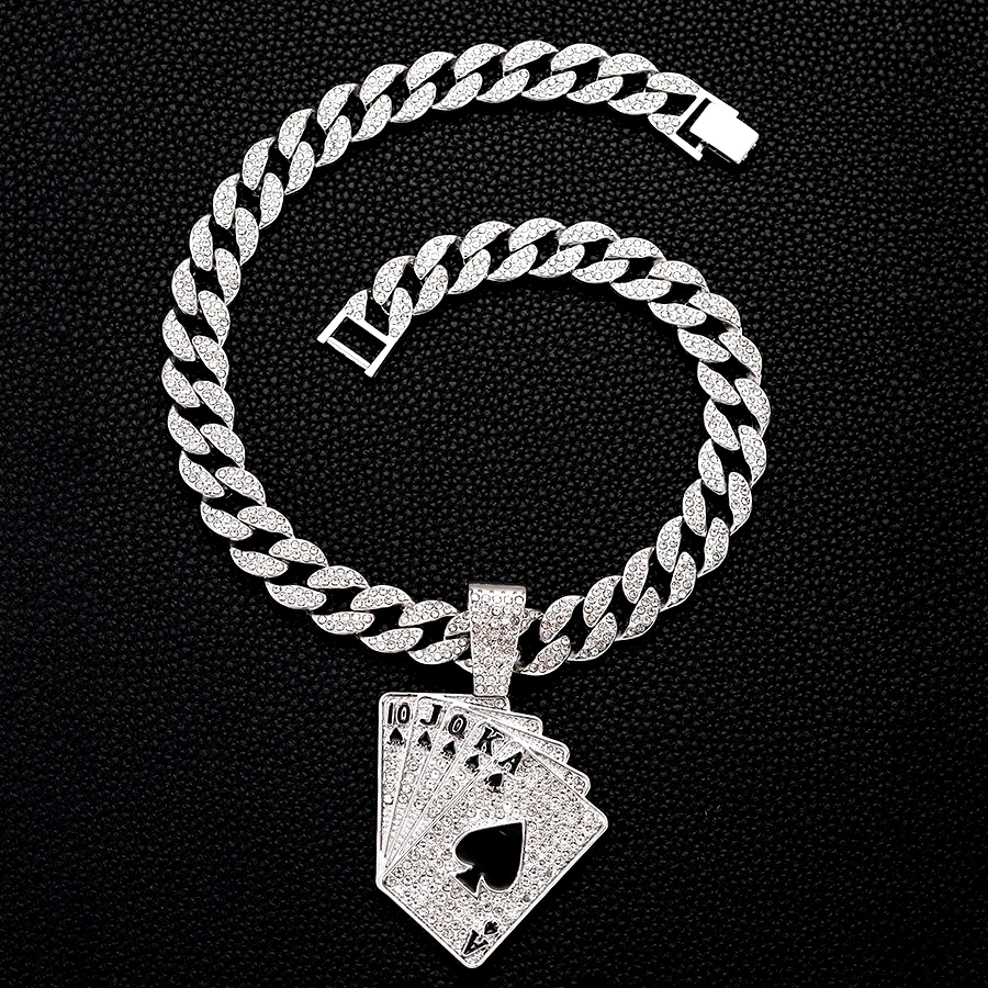 Collar colgante de tarjeta de póker helada de hip hop para hombre - As de picas dorado y plateado Foto 3 de 4