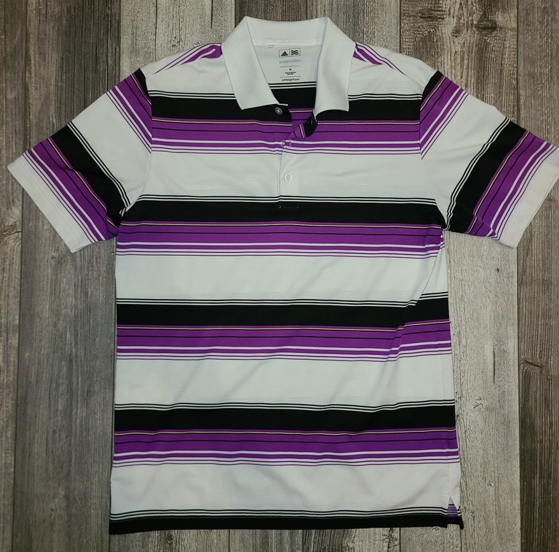 Adidas Pure motion  golf polo shirt men Medium Purple White Stripes Ricky Fowler