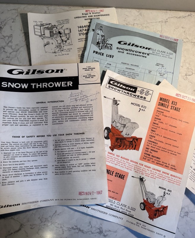 Gilson Snow Thrower Owners Guide + Operating Instructions 1967