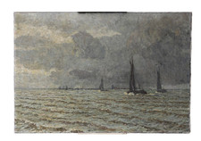 Oil on Canvas Paul Kutscha Stormy Sea Sailing Boats Painting
