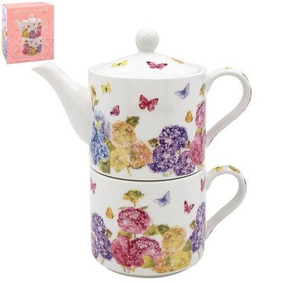 Keramik Tea For One Single Serve Teeservice Schmetterlingsblüte Floral Rosa Design
