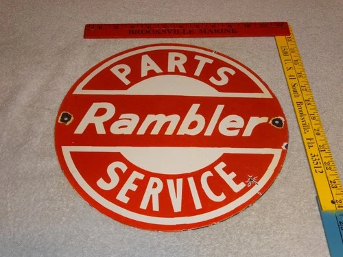 VINTAGE RAMBLER PARTS+ SERVICE AMERICAN MOTORS PORCELAIN METAL GASOLINE OIL SIGN