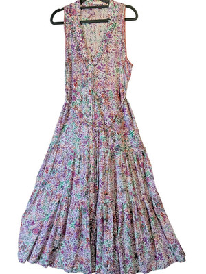 Poupette St Barth Nana Women M Floral Tiered Maxi Dress Button Front Boho Resort