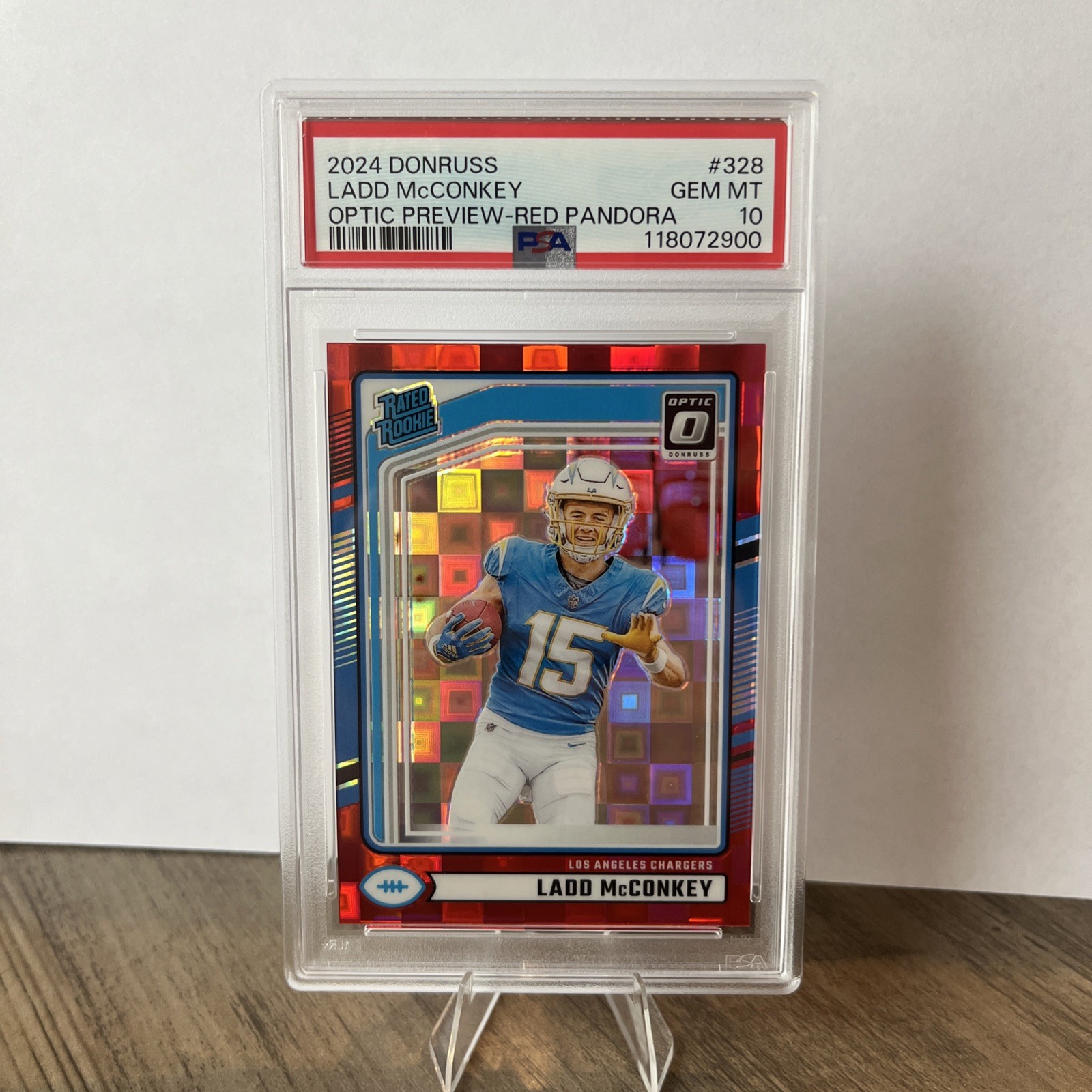 2024 Donruss Ladd McConkey Optic Preview Red Pandora PSA 10 Rookie Chargers
