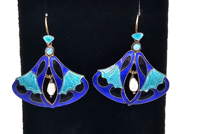 Ende der 1970er Jahre Laurel Burch Emaille über Sterling Opal & Perle Ohrhänger Rarität!!