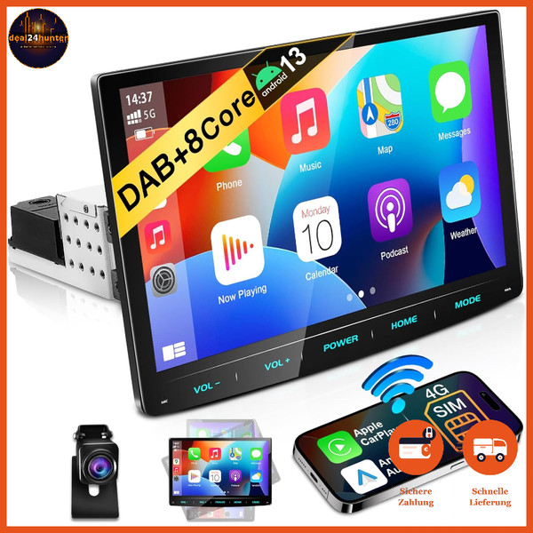 Autoradio 10,1 Zoll Wireless Carplay Android Auto Dab+ Bluetooth GPS 1 Din-image