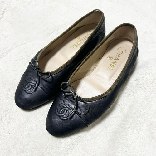 CHANEL Black Leather Ballet Flats Women's 22cm Coco Logo Slip On Shoes Authentic