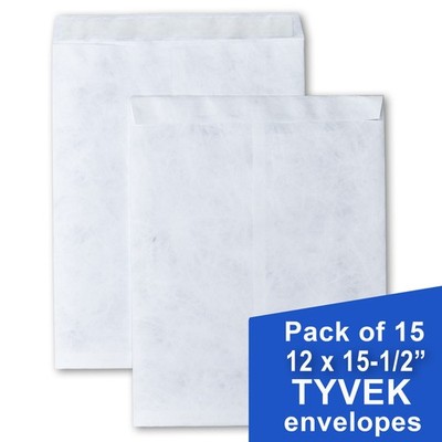 Tyvek Envelopes 12 x 15-1/2'' White, Self-Stick, Pack of 15, FREE Shipping