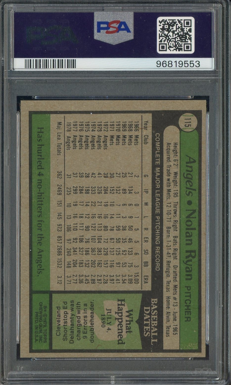 1979 Topps #115 Nolan Ryan Angels HOF PSA 9 MINT view 2