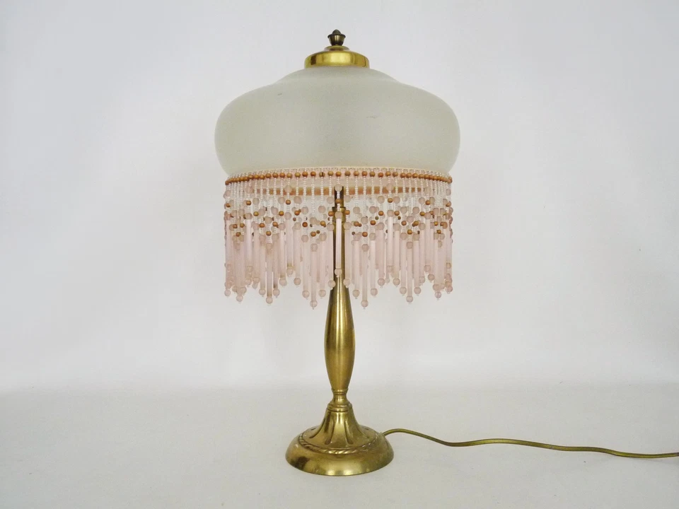 Lampe de table, lampe de chevet 2 feux, pied laiton, globe et perles rose - Photo 3/4