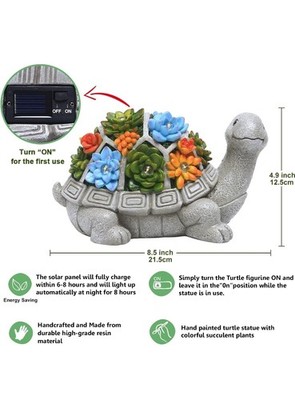 Solar Garden Outdoor Statues Turtle with Succulent and 7 LED Lights, Lawn Dec...